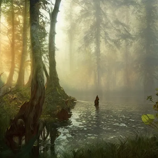 Image similar to fantasy forest with a lake nearby, cinematic lighting, magical, digital painting, artstation, cgsociety, Alphonse Mucha, Greg Rutkowski