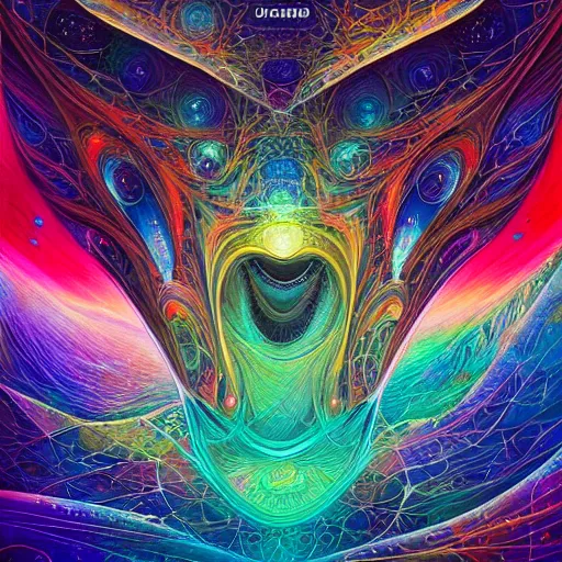 Prompt: dmt user finds the secrets of the cosmos by android jones, trending on artstation