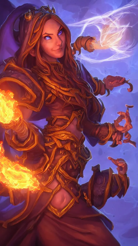 Image similar to hearthstone official professional art. a sorceress, wearing a robe casting a fire ball. insanely coherent physical body parts ( face, arms, legs, hair, eyes, pupil, eye white ). full body realistic, sharp focus, 8 k high definition, insanely detailed, intricate, elegant, smooth, sharp focus, illustration, artstation