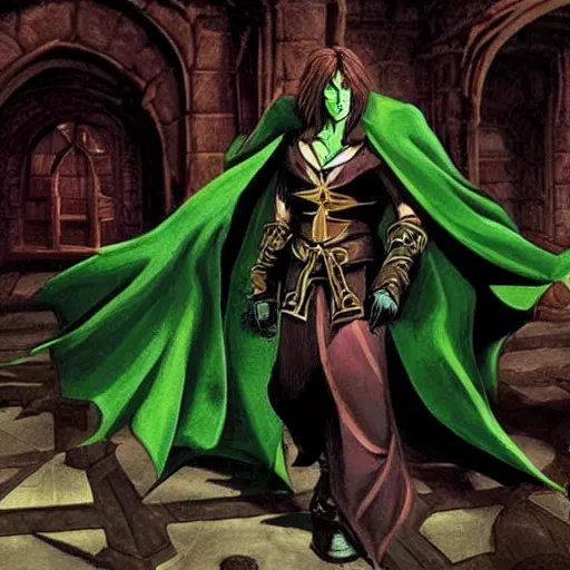 Prompt: Warlock, wearing dark green robes, controlling shadows, in the style of the castlevania show