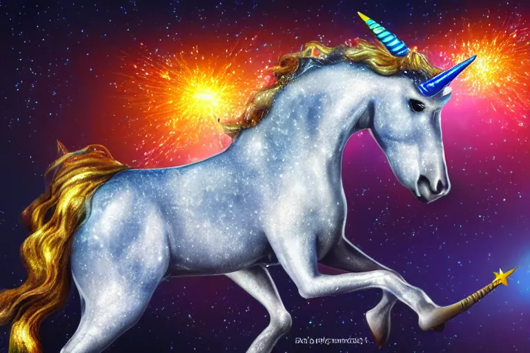 Image similar to cheesy unicorn impales man on bloody horn, airbrush, sparkles, dynamic lighting