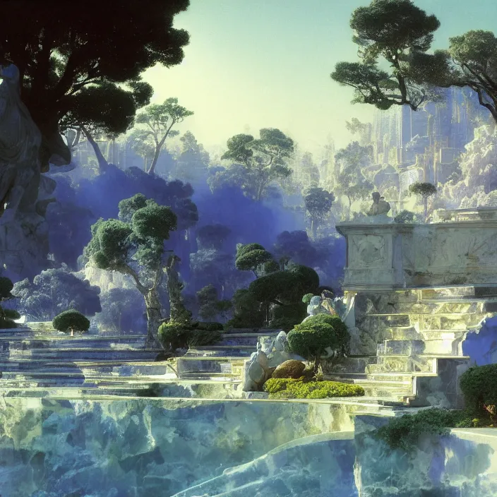 Prompt: gardens of marble draped in flowing sheets of cobalt blue satin and silver satin, by syd mead and ivan aivazovsky and alma tadema and pieter claesz and moebius and roger dean and august malmstrom and john berkey, hyperrealistic, volumetric light, octane render