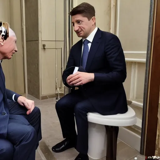 Prompt: Zelenski and Putin are talking in the bathroom