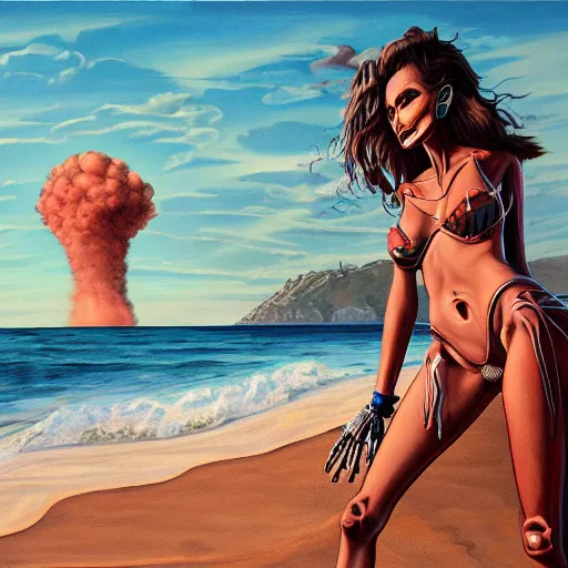Image similar to Professional painting of anatomically correct skeleton in bikini walks along the beach, big nuclear bomb explosion in the background, trending on Artstation, realistic, ultra detail