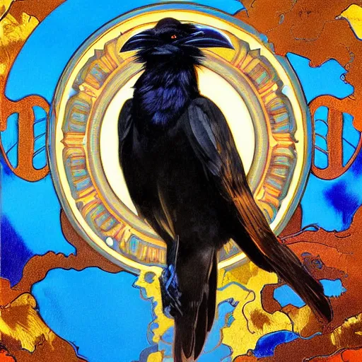 Prompt: photorealistic detailed raven animal portrait painting, twisting smoke around, dark turquoise and black and yellow ochre and orange, art by jon ching, alphonse mucha, louis sullivan, greg hildebrandt