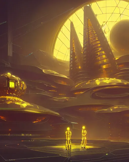 Image similar to cult of technology, exterior of scifi temple, machines, robots, ultra realistic, golden computers, highly detailed, atmosphere, masterpiece, epic lighting, glowing wires, transparent objects, mysterious, highlighted, 4 k, cinematic, art by patryk olkiewicz and chris ostrowski and liang yao