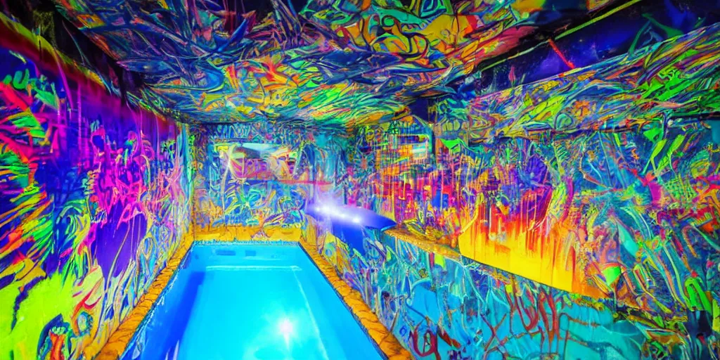 Image similar to backflip into a pool caustics lighting impressive colorful masterpiece graffiti hyper perspective