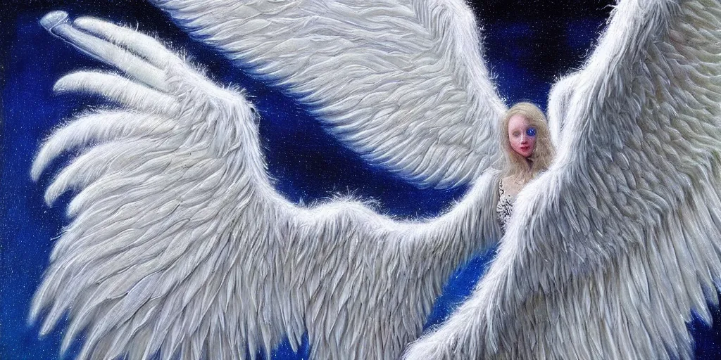 Image similar to highdetailed hyperrealistic painting of white wingsl!!!, white sparkles, 4 k hd fur, big wings, by jan van eyck, pattern, holography space, glow effect, large strokes, white monochrome color!!!!!