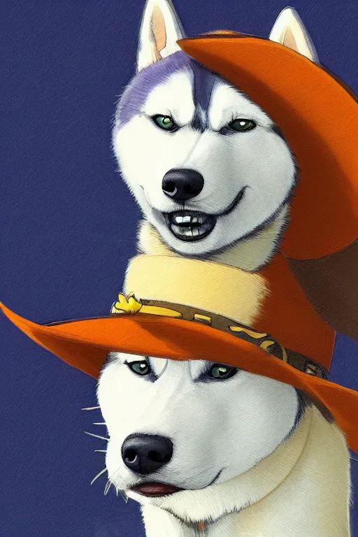 Image similar to a portrait painting of a husky in cowboy costume, wearing a cowboy hat, by [ studio ghibli ], in the style of anime, [ western film ], trending on artstation