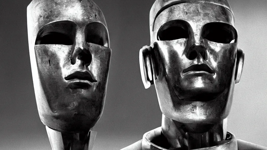 Image similar to The robot head man, movie still, cinematic composition, cinematic light, by David Lynch