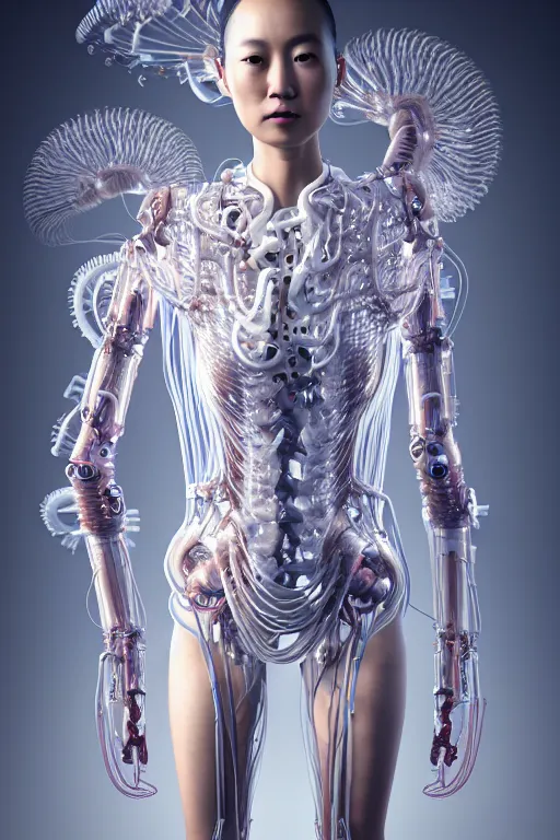 Image similar to young asian woman, iris van herpen, perfect symmetrical body, full body shot, inflateble shapes, wires, tubes, veins, jellyfish, white biomechanical details, wearing epic bionic cyborg implants, masterpiece, intricate, biopunk, vogue, highly detailed, artstation, concept art, cyberpunk, octane render