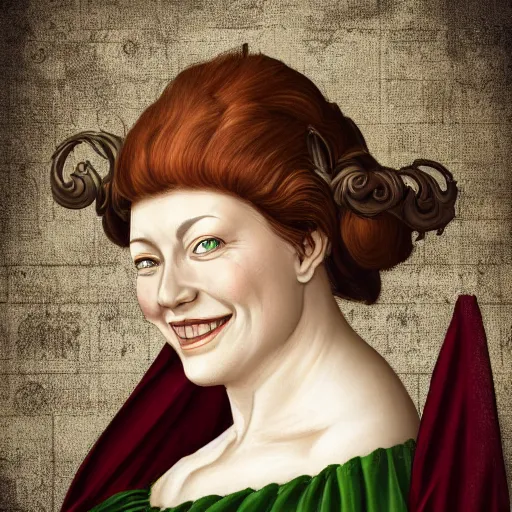 Prompt: head portrait, full faced, 40 years old women, light smile, dark red hair, green eyes, in beige expensive historic clothing, high detail, digital art, medieval fantasy