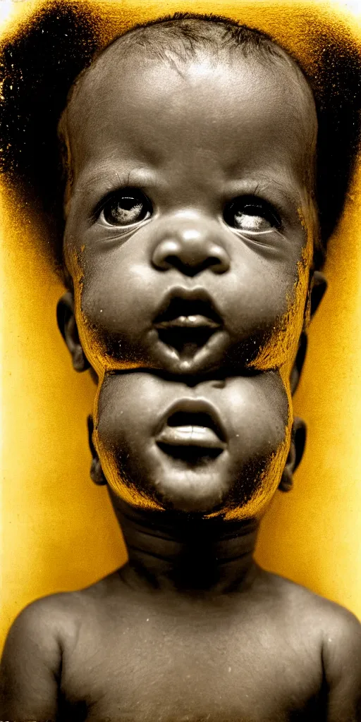 Image similar to award winning photo of black baby puking gold, vivid colors, happy, symmetrical face, beautiful eyes, studio lighting, wide shot art by sally mann & arnold newman