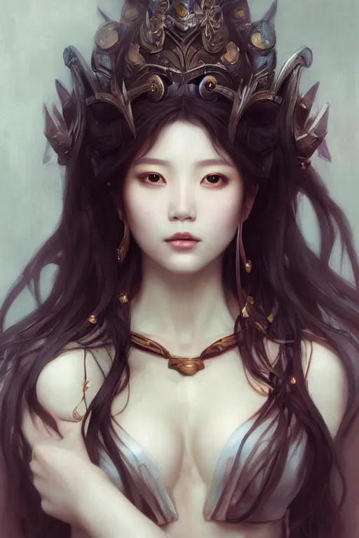 Image similar to A portrait of a female korean model as Ishtar the goddess of love, Stjepan Sejic, Ruan Jia, and Mandy Jurgens, and Artgerm, and william adolphe bouguereau, highly detailed, trending on artstation, award winning