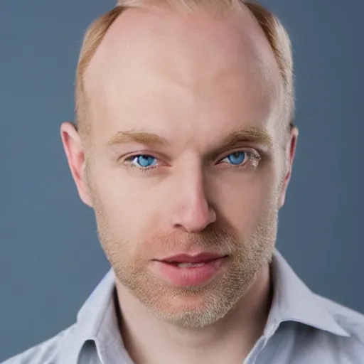 Prompt: photograph of a blond male, middle aged balding superhero, with dark blue eyes and very pale skin