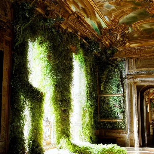Prompt: a dream about opulent, ornate, abandoned overgrown Palace of Versailles, lush plants growing through the floors and walls, walls are covered with moss and vines, beautiful, dusty, golden volumetric light shines through giant broken windows, golden rays fill the space with warmth, rich with epic details, dreamy atmosphere and drama