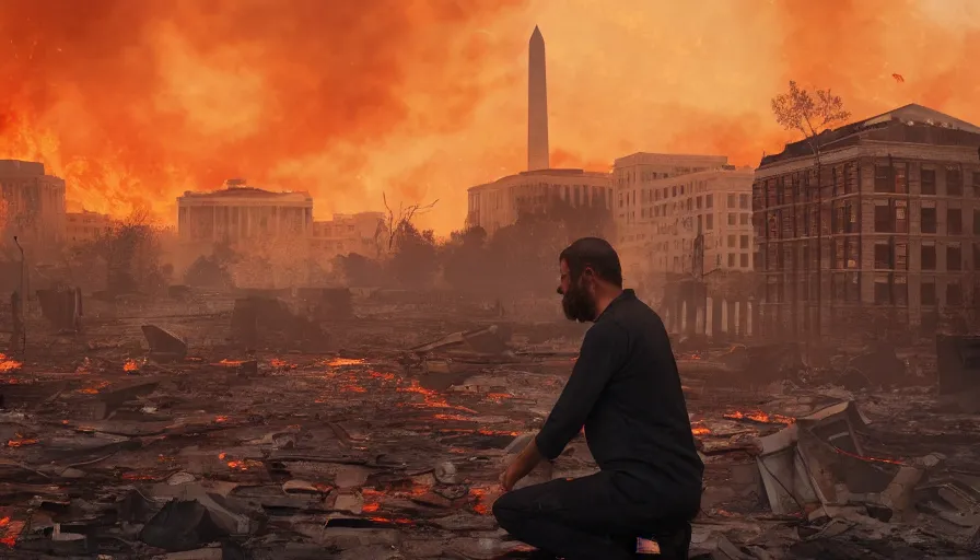 Prompt: sad man on his knees in burning washington dc, sky on fire, ashes, smoke columns, debris, collapsed buildings, hyperdetailed, artstation, cgsociety, 8 k