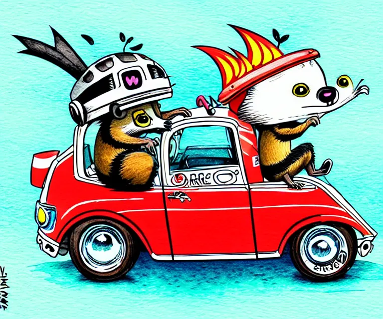 Image similar to cute and funny, racoon wearing a helmet with tiny flame stickers on it riding in a tiny hot rod coupe with oversized engine, ratfink style by ed roth, centered award winning watercolor pen illustration, isometric illustration by chihiro iwasaki, edited by range murata