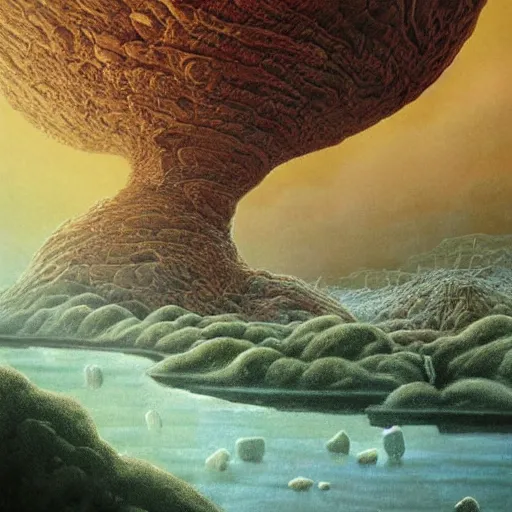 Image similar to artistic digital artwork of an epic natural scene on an alien planet. beautiful landscape by vincent bons, michael whelan, remedios varo and gerardo dottori. grainy and rough. interesting pastel colour palette. beautiful light. oil and water colour based on high quality render.