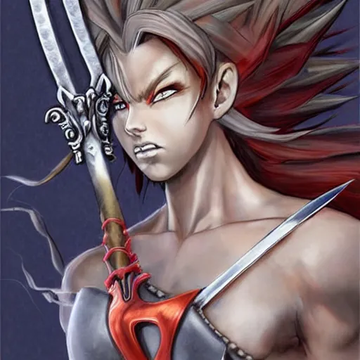 Image similar to realistic art style, warrior girl, muscular girl, wild spiky red saiyan hair, long spiky hair, electrified hair, holding scimitar made of bone, scimitar, sword, jagged sword, curved sword, orkish sword, colorized, gray skin, hyper - detailed, primeval fantasy, prehistoric fantasy, art by jacques - louis david