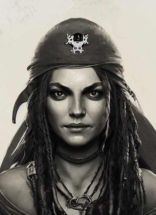 Prompt: portrait, female pirate captain, Dynamic lighting, cinematic, establishing shot, extremely high detail, foto realistic, cinematic lighting, pen and ink, intricate line drawings, post processed, concept art, artstation, matte painting, style by Raphael Lacoste, Eddie Mendoza