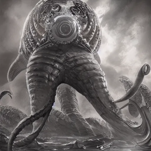 Image similar to benjamin netanyahu standing before the kraken ready to fight, highly detailed, by artgerm