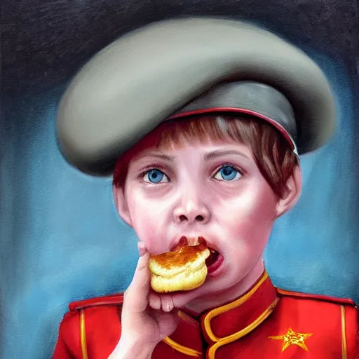 Image similar to high detail portrait oil painting illustration of beatiful girl as soviet red army soldier eating hot baked bun by justin sweet with face and body clearly visible, in a scenic background, pupils visible, realistic proportions, d & d, rpg, forgotten realms, artstation trending, high quality, sombre mood, artstation trending, muted colours, entire person visible!