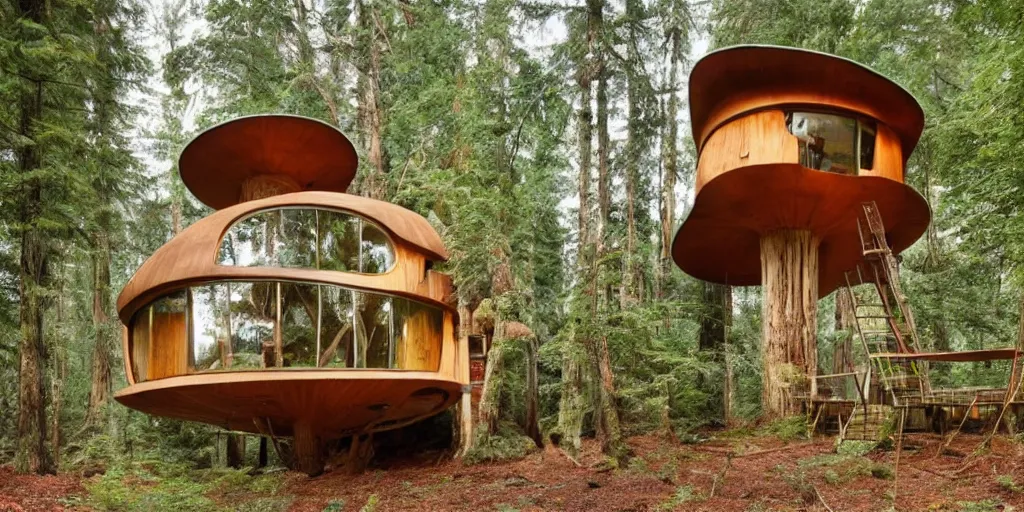 Prompt: large treehouse residence made from an enormous mushroom, pacific northwest, incorporating round doors