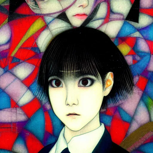 Image similar to yoshitaka amano blurred and dreamy realistic three quarter angle portrait of a young woman with short hair and black eyes wearing office suit with tie, junji ito abstract patterns in the background, satoshi kon anime, noisy film grain effect, highly detailed, renaissance oil painting, weird portrait angle, blurred lost edges