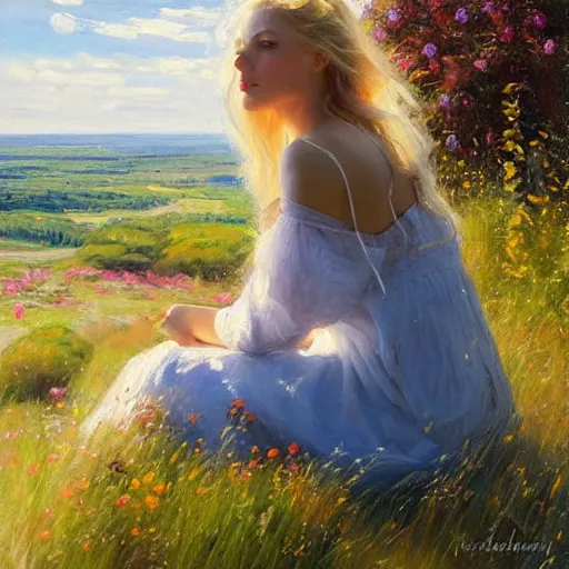 Image similar to blonde woman watching over the swedish countryside, archipelago, masterpiece, highly detailed, beautiful, atmospheric, impressionism, painting by Vladimir Volegov