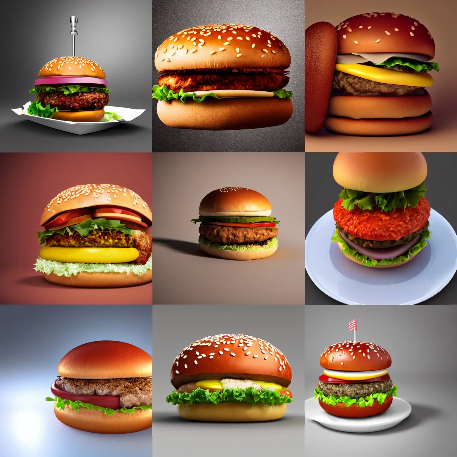 Prompt: 3D render of a living a chicken inside a hamburger, food photography, studio lighting, highly detailed