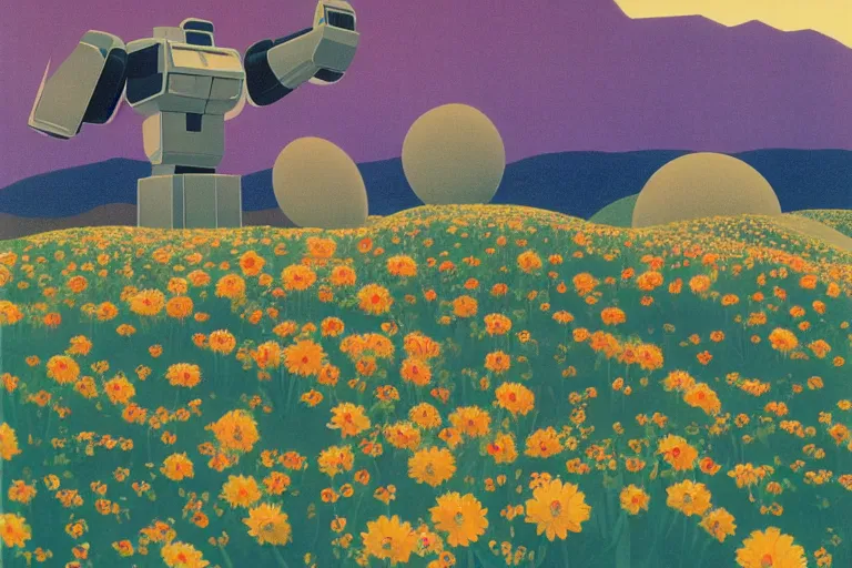 Image similar to giant mecha robot, blooming hills with spring flowers and pillars by helen lundeberg