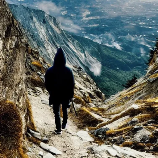 Image similar to person with hoodie walking up a mountain with a backpack that has katanas on the sides, anime, amazing composition, astonishing detail, smooth lines, beautiful scenery