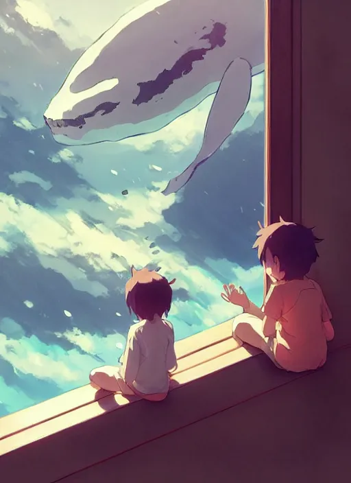 Image similar to boy and girl watching outside from a window, big whales on are on the the sky, illustration concept art anime key visual trending pixiv fanbox by wlop and greg rutkowski and makoto shinkai and studio ghibli