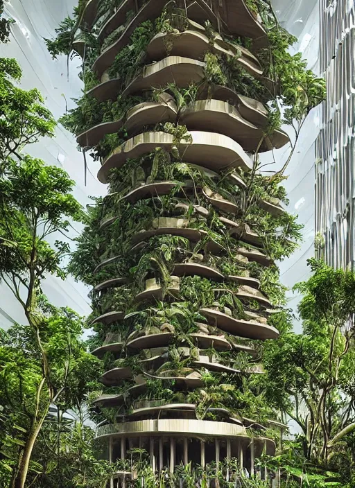 Image similar to “beautiful Amazon forest architecture building , the building is in a forest , luxury architecture, architecture digest, building surrounded in a luxury environment, bright tones, fluorescent lighting,volumetric Lighting, photorealism, high detail, golden ratio, cinematic, octane renderer”