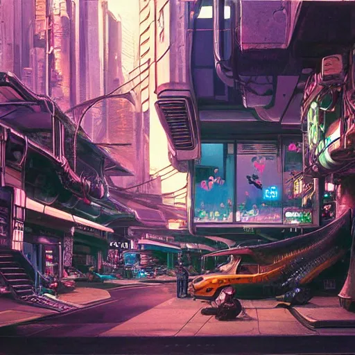 Prompt: detailed painting of a cyberpunk street with a fish tank, celestial ephemeral ornaments and hr giger architecture, artstation, syd mead, cinematic