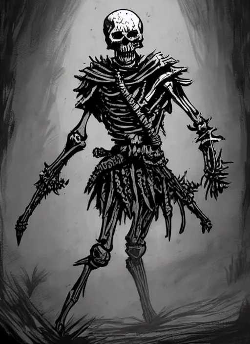 Prompt: concept art of a simple skeleton warrior in darkest dungeon, highly detailed, dark atmosphere, cosmic horror, body horror, lovecraft mythos, key character poster