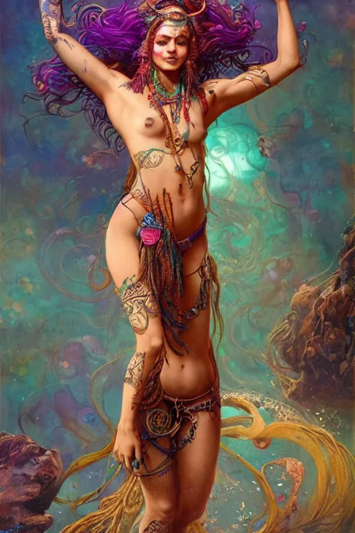 Image similar to a centered full body render of an alluring festival hippy with tribal tattoos surrounded by a underwater ink pour and flowing liquid gallium and sacred geometry, perfect body and face, gorgeous, cinematic, beautifully lit, by gaston bussiere, by karol bak, by donato giancola, 3 d, trending on artstation, octane render, 8 k