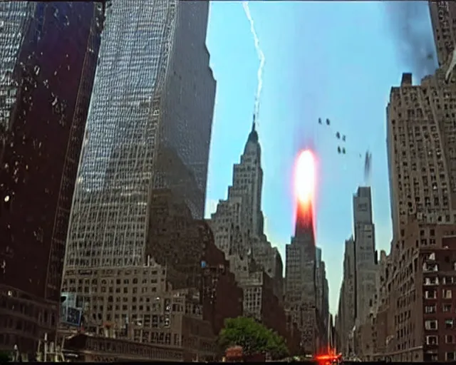 Image similar to [alien invasion] ufo footage spotted at new york city. there is explosions all over the city. 9/11 inspired.