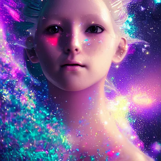 Prompt: portrait of a magical fairy made of galaxies, highly detailed, realistic, octane render, comic book art, space travel, unreal engine, sharp focus, splashes of colors