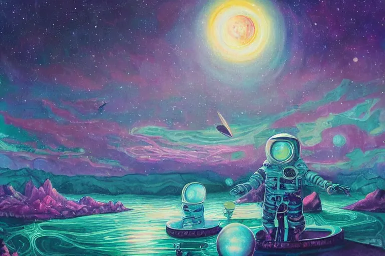 Image similar to surreal painting by chesley bonestelll!!, twelve an astronaut sitting near a river + psychedelic vegetation + purple, pink, blue + planets and stars + mystic fog, 5 0's vintage sci - fi style, rule of third!!!!, line art, 8 k, super detailed, high quality