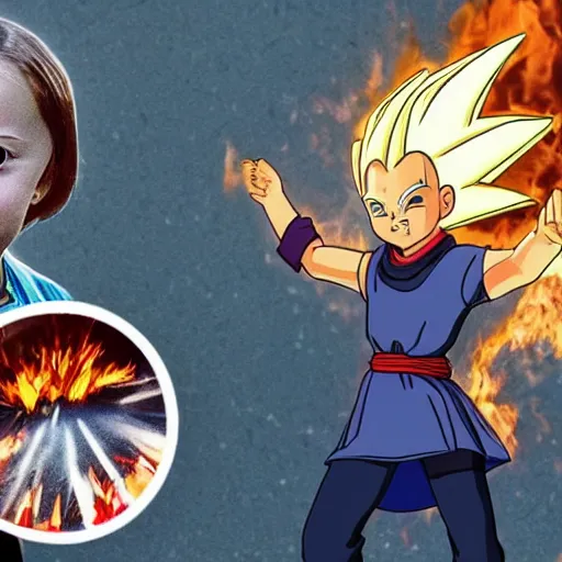 Image similar to Greta Thunberg becoming super Saiyan 4 over a flaming garbage and tire mountain 8k