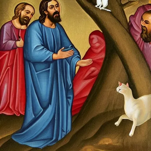 Image similar to jesus comes down to earth to slap a cat off of a tall tree, religious painting, oil painting