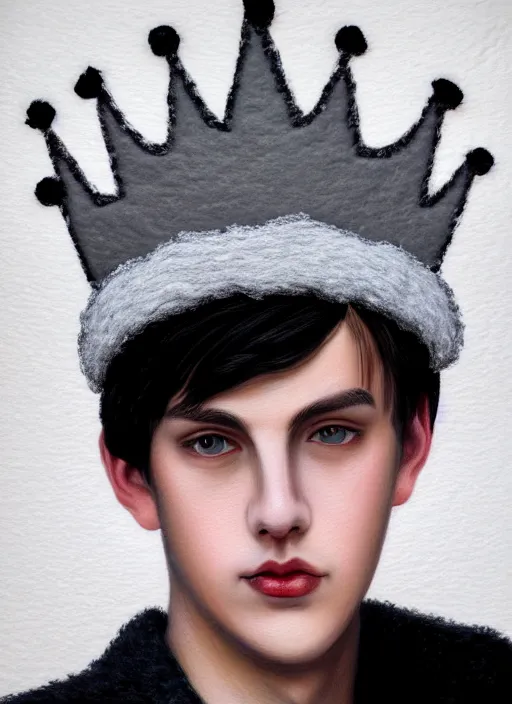 Image similar to portrait of teenage jughead jones wearing a light grey crown, photorealistic, crown made of felt fabric, crown, crown made of felt, black hair, intricate, elegant, highly detailed, digital painting, glowing lights, artstation, concept art, smooth, sharp focus, illustration, art by wlop, mars ravelo and greg rutkowski