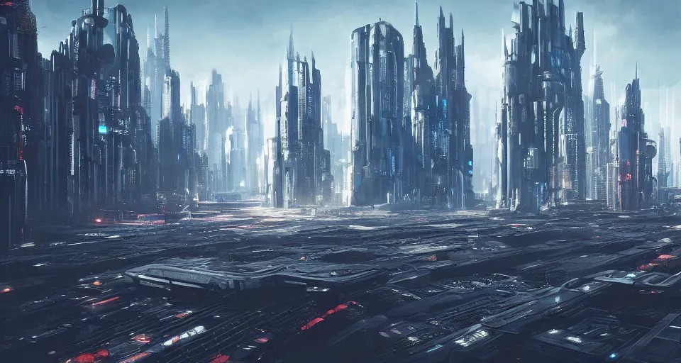 Prompt: view on futuristic city in the horizon, in style of cyberpunk, detailed, sharp, 4 k