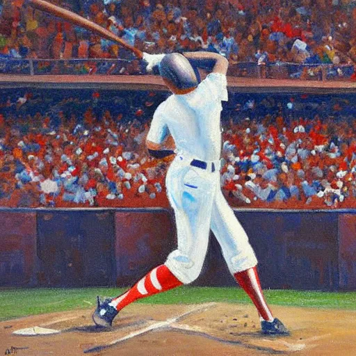 Image similar to Baseball player hitting the ball with the baseball bat in the middle of the game and in front of everyone in the stadium, James Gurney painting style