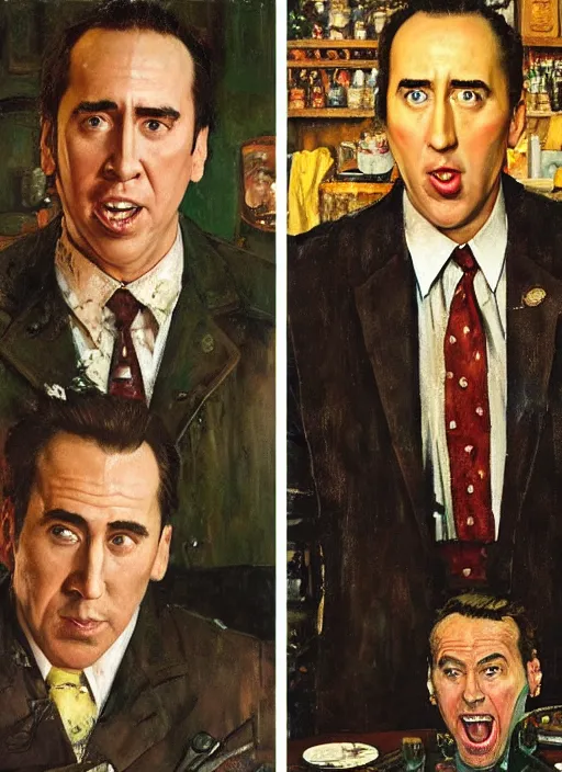 Prompt: full body and head portrait of nicholas cage looking confused about crazy evil in a restaurant, painted by norman rockwell and tom lovell and frank schoonover