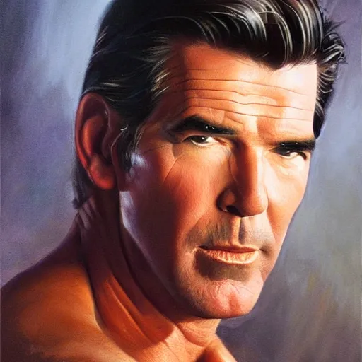 Image similar to ultra realistic portrait painting of pierce brosnan, art by frank frazetta, 4 k, ultra realistic, highly detailed, epic lighting