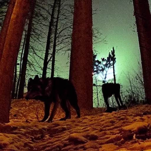 Prompt: trailcam footage of giant wolf at night