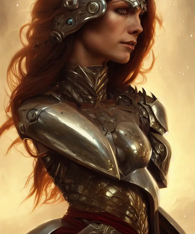 Image similar to Muscular and powerful medieval knight woman portrait, sci-fi, amber eyes, face, long hair, fantasy, intricate, elegant, highly detailed, digital painting, artstation, concept art, smooth, sharp focus, illustration, art by artgerm and greg rutkowski and alphonse mucha